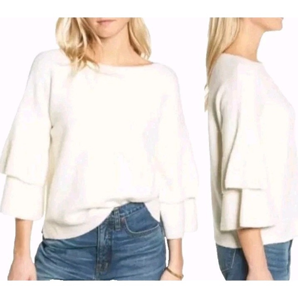 Madewell Tiered Bell Sleeve Sweater Small Cream Knit Boatneck Minimalist Cozy‎